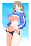  1girl absurdres bikini black_bikini black_ribbon blue_archive blush breasts brown_hair commentary_request cropped_hoodie hair_ribbon halo highres hood hoodie hururu_game large_breasts looking_at_viewer moe_(blue_archive) moe_(swimsuit)_(blue_archive) navel open_mouth ribbon side-tie_bikini_bottom smile solo swimsuit twintails underboob yellow_eyes yellow_halo 