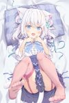  1girl ahoge animal_ears blue_bow blue_eyes blue_pillow blue_ribbon blue_skirt bow breasts cat_ears cat_tail commentary_request fang feet garter_straps gradient_eyes hair_bow heart heart_ahoge heart_in_eye heart_print indie_virtual_youtuber kazari_lua light_blush looking_at_viewer lying m_legs multicolored_eyes multicolored_hair open_mouth pink_hair pink_thighhighs pirason ribbon skirt small_breasts solo spread_legs symbol_in_eye tail thighhighs two-tone_hair virtual_youtuber white_hair white_tail yellow_eyes 