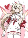  1girl :o ahoge alternate_costume blonde_hair breasts commentary_request cowboy_shot detached_wings dress fiery_wings from_below garter_straps gloves hair_between_eyes hair_ornament hairclip hand_up hat heart highres long_hair looking_at_viewer nurse nurse_cap open_mouth papururu_purple phoenix_reffaella pill red_wings short_sleeves small_breasts solo thighhighs white_dress white_garter_straps white_gloves white_thighhighs wings yellow_eyes zenless_zone_zero 