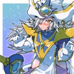  1girl blush clothing_cutout commentary_request duel_monster gloves grey_hair hair_over_one_eye hat highres hip_vent long_hair newtype55 red_eyes silent_magician silent_magician_zero sweatdrop tabard wand white_gloves white_hat white_tabard wizard_hat yu-gi-oh! 