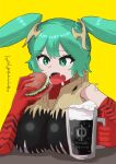 1girl breasts burger commentary_request eating elbow_gloves fang food gloves green_eyes green_hair hatandbeard4163 hatsune_miku holding holding_burger holding_food large_breasts lettuce looking_at_food magic:_the_gathering open_mouth parody red_gloves simple_background skin_fang solo tomato tomato_slice twintails vocaloid yellow_background 