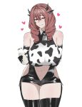  1girl absurdres animal_ears animal_print azur_lane bell bikini bottle breasts brown_hair clothing_cutout cow_ears cow_girl cow_horns cow_print cow_print_bikini cow_print_gloves cow_print_thighhighs cowbell cowpens_(azur_lane) drill_hair elbow_gloves gloves highres horns large_breasts looking_at_viewer milk_bottle mole mole_under_eye navel neck_bell print_bikini print_gloves print_thighhighs simple_background solo swimsuit teroterowin thighhighs white_background 