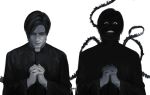  1boy before_and_after cassock clerical_collar crazy_grin crazy_smile facing_viewer grin highres horror_(theme) leon_s._kennedy looking_at_viewer male_focus multiple_views own_hands_clasped own_hands_together resident_evil short_hair silhouette smile upper_body zombiyh 