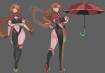  1girl absurdres ahoge asymmetrical_clothes asymmetrical_pants black_gloves boots breasts brown_hair gloves halterneck highres leon_kunisagi long_hair multicolored_gloves navel_piercing original piercing race_queen red_gloves see-through_clothes see-through_shrug shrug_(clothing) single_pantsleg thigh_boots twintails two-sided_gloves two-tone_gloves umbrella underboob visor_cap zipper zipper_pull_tab zipper_shrug 
