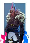  1other arm_at_side bandana belt black_bandana black_belt black_coat black_hood black_skin black_sweater blue_background border claws coat colored_sclera colored_skin commentary cowboy_shot extra_eyes facial_mark facing_to_the_side forehead_mark fur-trimmed_coat fur_trim grassjeak grey_pants hand_on_own_hip hands_in_pockets high_collar highres hood hood_up horned_hood horns leg_belt looking_to_the_side magic open_clothes open_coat original pants pink_sclera scarf signature sleeves_rolled_up sweater third_eye two-tone_scarf white_border white_eyes yellow_sclera 