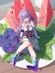  1girl ankle_boots armlet black_corset boots breasts chest_jewel colored_inner_hair commentary corset detached_collar detached_sleeves dress english_commentary food fruit gem grey_hair hair_flaps highres hololive hololive_english jewel_under_eye jewelry koseki_bijou koseki_bijou_(1st_costume) leaf long_hair looking_at_viewer medium_dress mini_person minigirl multicolored_hair open_mouth plate pleated_dress plum purple_boots purple_eyes purple_gem purple_hair qwerty_click single_detached_sleeve sitting sitting_on_object solo strapless strapless_dress underbust very_long_hair virtual_youtuber water_drop watermelon watermelon_slice white_dress wings 