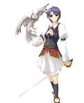  bird dress eiyuu_densetsu klose_rinz purple_eyes purple_hair satomi short_hair sora_no_kiseki sword weapon white_background white_dress 