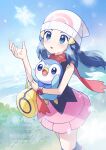  1girl bag bare_shoulders beanie black_socks blue_eyes blue_hair blush boots commentary_request dawn_(pokemon) duffel_bag hair_ornament hairclip hat highres holding holding_pokemon long_hair open_mouth peron_(niki2ki884) pink_boots pink_skirt piplup poke_ball_print pokemon pokemon_(creature) pokemon_diamond/pearl/platinum poketch red_scarf scarf shirt skirt sleeveless snow snowing socks watch white_hat wristwatch 