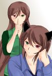  animal_ears artist_request brown_hair casual green_eyes heterochromia long_hair multiple_girls older red_eyes rozen_maiden short_hair siblings sisters source_request souseiseki suiseiseki twins very_long_hair 