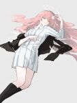 1girl absurdres arknights artemisiaaa black_jacket chinese_commentary collared_shirt commentary_request detached_wings feet_out_of_frame flower grey_background grey_shirt hair_spread_out halo hand_up highres holding holding_flower jacket lemuen_(arknights) long_hair looking_at_viewer lying off_shoulder on_back pink_eyes pink_hair shirt simple_background solo striped_clothes striped_shirt traditional_halo vertical-striped_clothes vertical-striped_shirt wings 