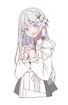  1girl bang_dream! bang_dream!_our_notes blue_eyes commentary_request dress earrings flower grey_hair grey_necktie gumoyu hair_flower hair_ornament highres interlocked_fingers jewelry long_hair long_sleeves looking_at_viewer necktie open_mouth own_hands_clasped own_hands_together shiomi_hotaru simple_background solo white_background white_dress 