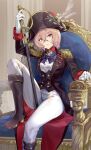  1girl absurdres black_boots black_bow black_bowtie black_hat black_jacket boots bow bowtie brown_eyes brown_hair chair clio_aite closed_mouth commentary commission cosplay english_commentary epaulettes glasses gloves hat hat_feather highres holding holding_sword holding_weapon jacket long_sleeves military_uniform napoleon_bonaparte_(real_life) napoleon_bonaparte_(real_life)_(cosplay) on_chair pants phase_connect second-party_source shirt short_hair sitting solo sword tomoe0812y virtual_youtuber weapon white_gloves white_pants white_shirt 