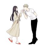  1boy 1girl arm_behind_back black_hair black_pants black_shoes blonde_hair closed_mouth collarbone commentary_request dress eye_contact full_body hetero highres long_hair long_sidelocks long_sleeves looking_at_another pants red_eyes red_slippers shirt shoes short_hair sidelocks simple_background slippers smile spy_x_family standing t-shirt tarutaruso3 twilight_(spy_x_family) white_background white_shirt yor_briar 