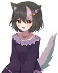  1girl absurdres black_hair dress facial_mark hair_between_eyes hair_ornament heart heart_facial_mark heart_necklace highres indie_virtual_youtuber jewelry looking_at_viewer multicolored_hair necklace pink_hair purple_dress riiit44 short_hair simple_background skunk_ears skunk_girl skunk_tail solo star_(symbol) star_facial_mark star_hair_ornament streaked_hair toboso_kuroi triangle triangle_facial_mark virtual_youtuber white_background 