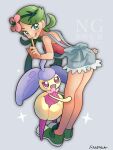  2girls :d :p alternate_color bright_pupils colored_skin commentary dark-skinned_female dark_skin flower full_body green_eyes green_hair green_headband grey_background grey_overalls hair_flower hair_ornament headband highres long_hair looking_at_viewer mallow_(pokemon) multiple_girls open_mouth overalls pink_flower pokemon pokemon_(creature) pokemon_sun_and_moon purple_eyes purple_hair purple_skin red_tank_top sandora_(karugamo_no_e) shiny_pokemon simple_background smile standing steenee swept_bangs tank_top tongue tongue_out twintails white_pupils yellow_skin 