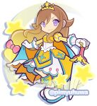  1girl blonde_hair blue_cape boots bow brown_hair cape cape_hold closed_mouth commentary_request full_body gloves gradient_hair hair_bow hand_on_hilt juliet_sleeves layered_skirt long_hair long_sleeves looking_at_viewer multicolored_hair official_style orange_cape pimyuhuwa pink_bow puffy_sleeves purple_eyes puyopuyo puyopuyo_quest shirt simple_background skirt smile solo spille_(puyopuyo) standing star_(symbol) sword tiara twitter_username two-sided_cape two-sided_fabric two-tone_hair v-shaped_eyebrows vertical-striped_sleeves very_long_hair weapon white_background white_boots white_gloves white_skirt yellow_shirt yellow_skirt 