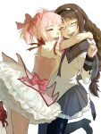  2girls absurdres akemi_homura akemi_homura_(magical_girl) argyle_clothes argyle_pantyhose black_hair black_hairband black_shoes bow braid commentary_request dress dress_bow frilled_skirt frills glasses hair_bow hairband high_heels highres hug kaname_madoka kaname_madoka_(magical_girl) long_hair magical_girl mahou_shoujo_madoka_magica mahou_shoujo_madoka_magica_(anime) multiple_girls open_mouth pantyhose pink_bow pink_dress pink_hair puffy_short_sleeves puffy_sleeves red-framed_eyewear red_shoes semi-rimless_eyewear shoes short_sleeves short_twintails simple_background skirt smile teeth twintails under-rim_eyewear user_tfap4383 white_background yuri 