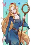  1girl ambrosia_(dungeon_meshi) aqua_background belt blonde_hair blue_dress border bow braid braided_sidelocks breasts bug butterfly choker cleavage collarbone commentary dress dungeon_meshi elf green_eyes hair_bow highres holding holding_staff long_hair long_pointy_ears looking_at_viewer mage_staff marcille_donato pointy_ears red_bow red_choker sidelocks small_breasts solo staff very_long_hair white_border yubuki_i 