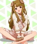  1girl :o absurdres animal_ears animal_hands barefoot brown_collar brown_eyes brown_hair brown_overalls collar commentary_request dog_ears dog_paws drapitz fake_animal_ears full_body gloves highres hood hood_down hoodie idolmaster idolmaster_million_live! idolmaster_million_live!_theater_days indian_style long_hair looking_at_viewer miyao_miya official_alternate_costume open_mouth overalls paw_gloves sitting solo thick_eyebrows wanwan_wonderful_(idolmaster) white_hoodie 