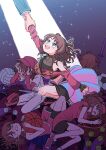  1girl ball basketball_(object) brown_hair commentary cropped_jacket crying earrings fighting_my_way_(idolmaster) gakuen_idolmaster hanami_saki hand_grab highres idolmaster jewelry looking_up off_shoulder official_alternate_costume open_mouth ryou-san soccer_ball spotlight tennis_ball volleyball_(object) 