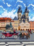  animal architecture artist_name blue_sky carriage cloud commentary czech_republic day english_commentary european_architecture gothic_architecture horse michspich original outdoors people pixel_art prague real_world_location scenery shadow sky tower urban 