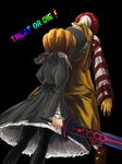  1girl artoria_pendragon_(all) black_background dark_excalibur fate/stay_night fate_(series) gothic_lolita halloween lolita_fashion mcdonald's pantyhose parody pumpkin pumpkin_hat rainbow_text ronald_mcdonald saber_alter satomi sword trick_or_treat weapon what 