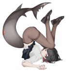  1girl absurdres black_hair black_pantyhose black_shoes black_skirt breasts clothes_lift colored_inner_hair commentary ellen_joe ellen_joe_(on_campus) fins fish_tail highres lan_(757040368) looking_at_viewer medium_breasts mole mole_under_eye multicolored_hair official_alternate_costume pantyhose pleated_skirt red_eyes red_hair school_uniform shark_girl shark_tail shirt shoes short_hair simple_background skirt skirt_flip skirt_lift solo tail thighband_pantyhose two-tone_hair upside-down white_background white_shirt zenless_zone_zero 