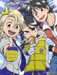 1girl 2boys ahoge black_hair black_sclera black_shirt blonde_hair braid collared_shirt colored_sclera commentary_request crown eyelashes gloves hat highres holding kibisakura2 long_hair looking_at_viewer miraidon multiple_boys necktie open_mouth pants pokemon pokemon_(creature) pokemon_adventures purple_eyes purple_necktie purple_shorts red_(pokemon) red_hat scarlet_koito school_uniform shirt short_hair short_sleeves shorts single_braid smile spiked_hair tarountula thumbs_up uva_academy_(emblem) uva_academy_school_uniform vest violet_lang white_shirt yellow_eyes yellow_vest 
