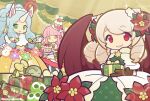  3girls alternate_costume animal_ears bird_wings blue_hair blunt_bangs bow bowtie box brown_gloves brown_hair cake cake_hair_ornament capelet christmas christmas_present closed_mouth commentary_request cone_hair_bun creature double_bun dress drill_hair feathered_wings flower food food-themed_hair_ornament fruit fur-trimmed_capelet fur-trimmed_dress fur_trim gift gift_box gloves green_dress green_eyes grifo_(puyopuyo) hair_bun hair_flower hair_ornament high_ponytail holding holding_box holding_gift holding_plate horns horse_ears indoors long_hair long_sidelocks looking_at_viewer low-tied_sidelocks multiple_drills multiple_girls official_alternate_costume official_style open_mouth orange_dress pimyuhuwa plate ponytail puyo_(puyopuyo) puyopuyo puyopuyo_quest red_eyes red_flower red_ribbon red_wings ribbon sidelocks single_horn six_pointed_star slime_(creature) smile snowman sparkle standing star_(symbol) strawberrina strawberrina_(christmas) strawberry turtle twitter_username unicorn_girl unicorn_horn white_capelet white_dress white_gloves white_horns wings yellow_bow yellow_bowtie yellow_ribbon 