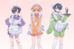  3boys :d :o apron back_bow bandaid bandaid_on_leg black_hair black_surgical_mask bow bright_pupils cherry chest_belt cinnamon_stick cloud_hair_ornament commentary_request crossdressing crossdressing_(mtf) detached_sleeves dot_nose fang feet_out_of_frame food frilled_apron frills fruit green_eyes green_jacket green_shorts hair_between_eyes hair_ornament hands_on_own_hips heart_ring_strap heart_zipper high_collar highres holding holding_tray hood hooded_track_jacket ice_cream jacket jersey_maid korean_commentary long_sleeves looking_at_viewer loose_thighhigh maid maid_apron maid_headdress male_focus male_maid mask_pull multiple_boys name_tag nino_sunday official_alternate_costume official_art orange_eyes orange_hair orange_jacket orange_shorts oto_rainy outline parted_bangs pink_background purple_eyes purple_hair purple_jacket purple_shorts qn_cmsn rabbit_ear_headwear robo_frostor short_hair shorts simple_background single_detached_sleeve skoshism sleeves_past_fingers sleeves_past_wrists smile thigh_strap thighhighs track_jacket tray unconventional_maid utaite v_arms virtual_youtuber waist_apron white_apron white_outline white_pupils white_thighhighs 