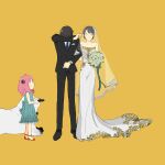  1boy 2girls absurdres anya_(spy_x_family) black_hair black_shoes blue_dress blue_necktie bond_(spy_x_family) bouquet bridal_veil bride child closed_mouth commentary_request crying dog dress flower great_pyrenees hair_flower hair_ornament hairpods highres holding holding_bouquet long_dress long_sleeves medium_hair multiple_girls necktie pink_hair red_shoes shoes simple_background smile spy_x_family tarutaruso3 veil watch wedding wedding_dress white_dress wristwatch yellow_background yor_briar yuri_briar 