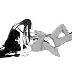  1boy 1girl belt bruise closed_eyes commentary_request dress facing_another greyscale high_heels highres injury jacket long_hair lying monochrome necktie on_back open_mouth pants seiza shirt shoes simple_background sitting sleeveless sleeveless_dress smile spy_x_family strap_slip suit_jacket tarutaruso3 twilight_(spy_x_family) white_background yor_briar 