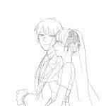  1boy 1girl absurdres blush bridal_veil bride brother_and_sister closed_mouth commentary_request crying crying_with_eyes_open dress elbow_gloves flower from_side gloves greyscale hair_flower hair_ornament highres locked_arms long_sleeves looking_at_another monochrome necktie short_hair siblings simple_background smile spy_x_family tarutaruso3 tears veil wedding_dress white_background yor_briar yuri_briar 