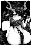  ... 1boy 1girl absurdres after_fellatio anger_vein arknights bar_censor bare_shoulders blush breasts breath censored cleavage_cutout closed_mouth clothing_cutout commentary_request cum cum_in_mouth cum_on_body cum_on_breasts cum_on_clothes cum_on_hands cumdrip_from_penis dragon_girl dragon_horns dusk_(arknights) earrings facial greyscale hair_over_one_eye hand_on_own_chin hetero highres horns huge_breasts jewelry kyoeikyoei52906 long_hair looking_at_penis monochrome necktie one_eye_covered penis pointy_ears scowl solo_focus spoken_anger_vein spoken_ellipsis sweat wiping_mouth 