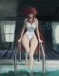  1girl absurdres ahoge blue_eyes breasts cleavage commentary high_school_dxd highres long_hair looking_at_viewer one-piece_swimsuit pool pool_ladder red_hair rias_gremory sideboob smile solo swimsuit veeveer_art very_long_hair white_one-piece_swimsuit 