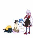  black_hair black_pantyhose black_skirt black_sweater blue_hair bow brown_skirt commentary dress frilled_skirt frills green_eyes grey_hair hair_bow highres japanese_clothes kazanari_tsubasa kimono kohinata_miku long_sleeves pantyhose red_dress red_shoes seiza senki_zesshou_symphogear shoes side_ponytail sitting skirt sweater tachibana_hibiki_(symphogear) tenkiamesoda through_ground twintails white_bow white_kimono yellow_skirt yukine_chris 