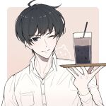  1boy ;) ahoge biyoo_(omniscient_reader's_viewpoint) black_eyes black_hair border collared_shirt doodle_inset dreaming_nozomu drink holding holding_tray kim_dokja looking_at_viewer male_focus omniscient_reader's_viewpoint one_eye_closed outside_border shirt short_hair smile solo tray upper_body white_border white_shirt 