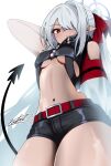  1girl belt black_shorts black_tail blue_archive breasts commentary_request dark-skinned_female dark_skin demon_tail grey_hair hair_over_one_eye halo highres iori_(blue_archive) long_hair nickel_0114 pointy_ears ponytail purple_halo race_queen red_belt red_eyes sharp_tail short_shorts shorts tail underboob 