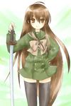  alastor_(shakugan_no_shana) black_hair brown_eyes jewelry long_hair pendant piku school_uniform shakugan_no_shana shana sword thighhighs weapon zettai_ryouiki 