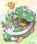  1girl anniversary artist_name beanie berry_(pokemon) bidoof blue_eyes blue_hair blush_stickers bonsly boots closed_eyes closed_mouth combee commentary_request dawn_(pokemon) fangs gradient_background grass green_background hat long_hair lying munchlax on_back onimotsu_matarou open_mouth pachirisu pink_boots pokemon pokemon_(creature) pokemon_diamond/pearl/platinum relaxing scarf sitrus_berry sleeping sleeveless spikes tail torterra tree turtle white_hat yellow_background 
