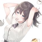  1girl black_hair black_skirt blue_eyes breasts closed_mouth collared_shirt commentary_request copyright_request cup dress_shirt employee_uniform food hair_between_eyes hair_tie hair_tie_in_mouth medium_breasts midorikawa_you mouth_hold mug pancake pancake_stack plate ponytail shirt short_sleeves simple_background skirt solo tying_hair white_background white_shirt 