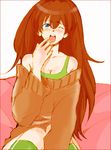  blue_eyes blush breasts cleavage dress kneehighs long_hair medium_breasts neon_genesis_evangelion non-web_source orange_shirt red_hair shirt solo souryuu_asuka_langley sweater sweater_dress yawning 