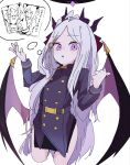  1girl ahoge belt black_halo black_horns blue_archive buttons commentary cropped_legs demon_girl demon_horns demon_wings double-breasted english_commentary gloves hair_ornament halo highres hina_(blue_archive) horns light_blush long_hair looking_at_viewer low_wings manga_(object) military_uniform multiple_horns open_mouth parted_bangs pencil_skirt pointing_with_thumb puff_of_air purple_eyes purple_halo purple_wings sikinoyura simple_background skirt solo speech_bubble thought_bubble translation_request white_background white_hair wings 