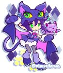  1girl alternate_costume animal animal_hands animal_hat bat_wings bell blue_bow bow bowtie cat cat_hat cat_tail closed_eyes commentary_request dress fake_tail fangs full_body fur-trimmed_gloves fur_trim gloves green_bow green_eyes hat jingle_bell leg_warmers neck_bell nyangurumi_(puyopuyo) official_style open_mouth parted_lips paw_gloves paw_print paw_shoes pimyuhuwa pink_bow pink_bowtie purple_cat purple_dress purple_gloves purple_hair purple_leg_warmers purple_wings puyopuyo puyopuyo_quest short_hair simple_background sleeveless sleeveless_dress smile stuffed_animal stuffed_cat stuffed_toy tail twitter_username white_background wings 