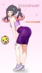  1girl absurdres alternate_costume ass ass_focus bare_shoulders black_hair blush bow breasts colored_inner_hair commentary crying_emoji emoji english_text from_side full_body gradient_background green_bow hair_bow highres leaning_forward looking_at_viewer meme multicolored_hair nangong_yu narugod_art one_eye_closed open_mouth patreon_username pink_background pink_hair purple_shorts purple_sports_bra red_eyes shoes shorts solo sports_bra twintails uohhhhhhhhh!_(meme) white_background zenless_zone_zero 