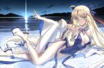  1girl absurdres ahoge artoria_caster_(fate) artoria_caster_(swimsuit_berserker)_(third_ascension)_(fate) artoria_pendragon_(fate) bare_shoulders blonde_hair blue_bow blue_one-piece_swimsuit blue_ribbon bow breasts cleavage closed_mouth commentary covered_navel detached_sleeves english_commentary facial_mark fate/grand_order fate_(series) forehead_mark full_body green_eyes hair_bow high_heel_sandals high_heels highleg highleg_one-piece_swimsuit highres horizon long_hair long_sleeves looking_at_viewer lying ocean on_side one-piece_swimsuit open-toe_shoes outdoors outstretched_arm ribbon sandals side-tie_swimsuit smile snow solo starfish_(user_khjw5882) swimsuit twintails very_long_hair white_sandals wide_sleeves 