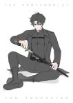  1boy belt_collar black_coat black_hair black_shirt character_name chest_belt coat collar commentary_request curtained_hair dreaming_nozomu full_body holding holding_sword holding_weapon male_focus monochrome omniscient_reader's_viewpoint open_clothes open_coat serious sheath shirt short_hair sitting solo sword unsheathing weapon yoo_joonghyuk 