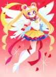  1girl absurdres bishoujo_senshi_sailor_moon bishoujo_senshi_sailor_moon_stars blonde_hair blue_eyes blue_sailor_collar blush boots brooch choker closed_mouth commentary crescent crescent_earrings crescent_facial_mark crescent_moon double_bun earrings elbow_gloves emmyluvscookies english_commentary eternal_moon_article eternal_sailor_moon facial_mark forehead_mark full_body gloves gradient_background hair_bun hair_ornament heart heart_brooch heart_choker highres jewelry layered_skirt long_hair looking_at_viewer magical_girl miniskirt moon parted_bangs pleated_skirt procreate_(medium) puffy_short_sleeves puffy_sleeves red_background red_choker sailor_collar sailor_moon sailor_senshi_uniform short_sleeves skirt smile solo star_(symbol) star_earrings tsukino_usagi twintails white_boots white_gloves white_wings wing_brooch wings 