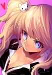  1girl bear_hair_ornament black_shirt blonde_hair blue_eyes breasts cleavage close-up collar commentary_request danganronpa:_trigger_happy_havoc danganronpa_(series) enoshima_junko from_above hair_ornament heart large_breasts looking_at_viewer necktie one-hour_drawing_challenge pink_background ponta_(aoi) shirt simple_background solo swept_bangs twintails white_collar white_necktie 