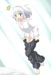  barefoot batsu blue_eyes dressing konpaku_youmu no_hairband open_mouth panties pants shirt short_hair silver_hair solo touhou underwear 